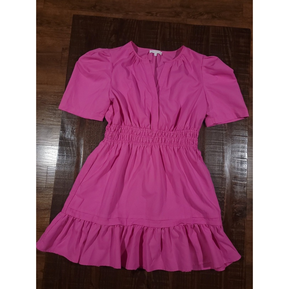 CES FEMME‎ Women's L Puff Sleeve Smocked Waist Babydoll Mini Dress Ruffle Hem